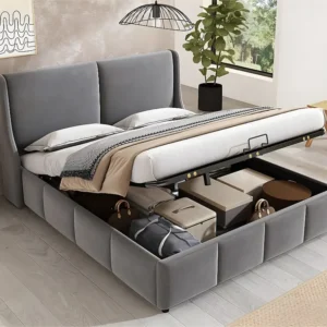 Cama estofada com arrumação 180x200cm em veludo - cama com arrumação com base de ripas - Cinzento