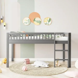 Cama infantil 90 x 200 cm em madeira maciç com base de ripas, com escada de seguranç, cinza