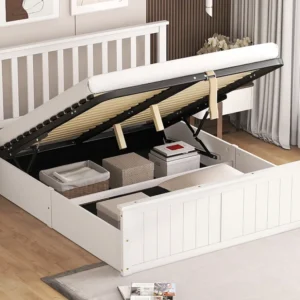 Cama de madeira com arrumação 140 x 200 cm com cabeceira - Base de ripas e arrumação - Branco