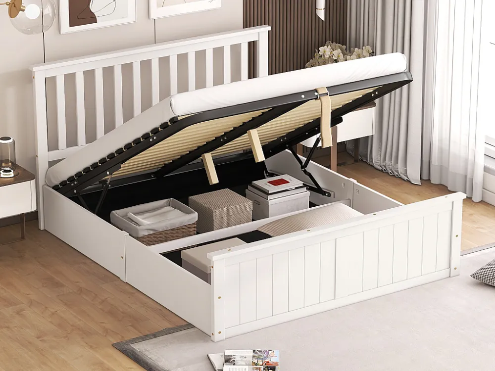 Cama de madeira com arrumação 140 x 200 cm com cabeceira - Base de ripas e arrumação - Branco