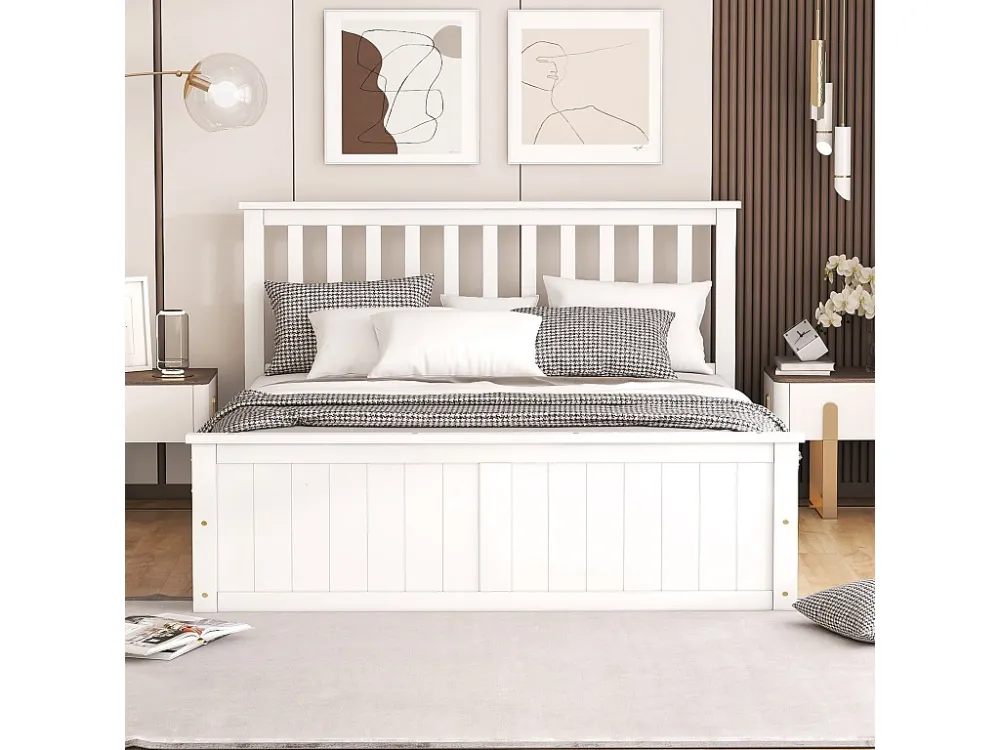 Cama de madeira com arrumação 140 x 200 cm com cabeceira - Base de ripas e arrumação - Branco