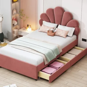 Cama de solteiro estofada em veludo com 2 gavetas - 90x200cm - cabeceira em formato de flor - com base de ripas - Vermelho