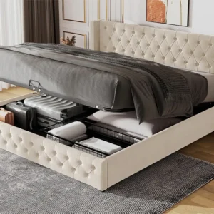 Cama em veludo 140x190cm com base de ripas - bege