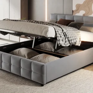 Cama em veludo 180x200cm - com base de ripas - Cinza