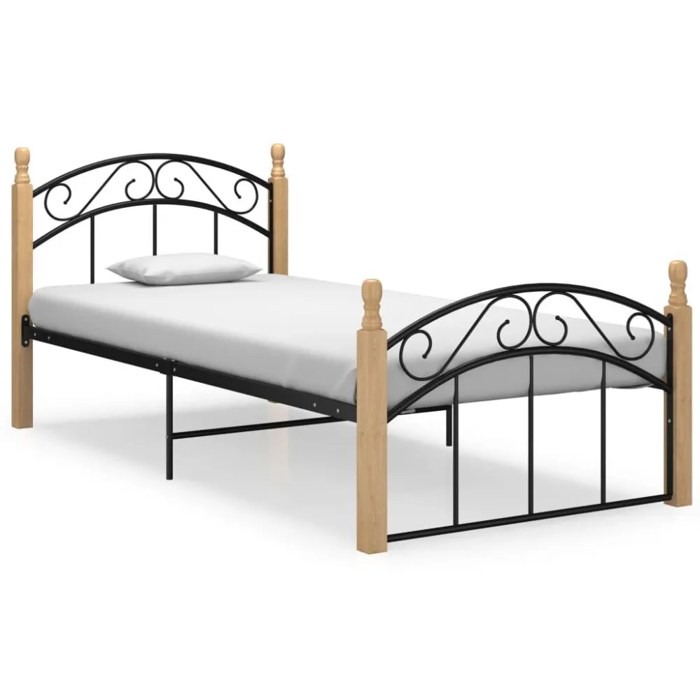 Estrutura de cama 100x200cm metal/madeira carvalho maciç preto