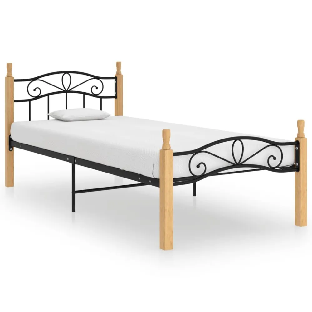 Estrutura de cama 100x200cm metal/madeira carvalho maciç preto