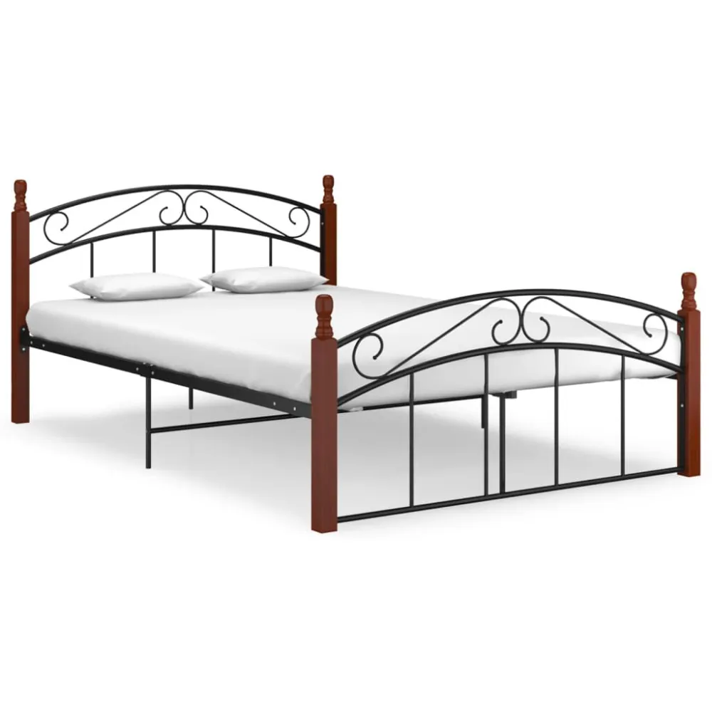 Estrutura de cama 140x200cm metal/madeira carvalho maciç preto