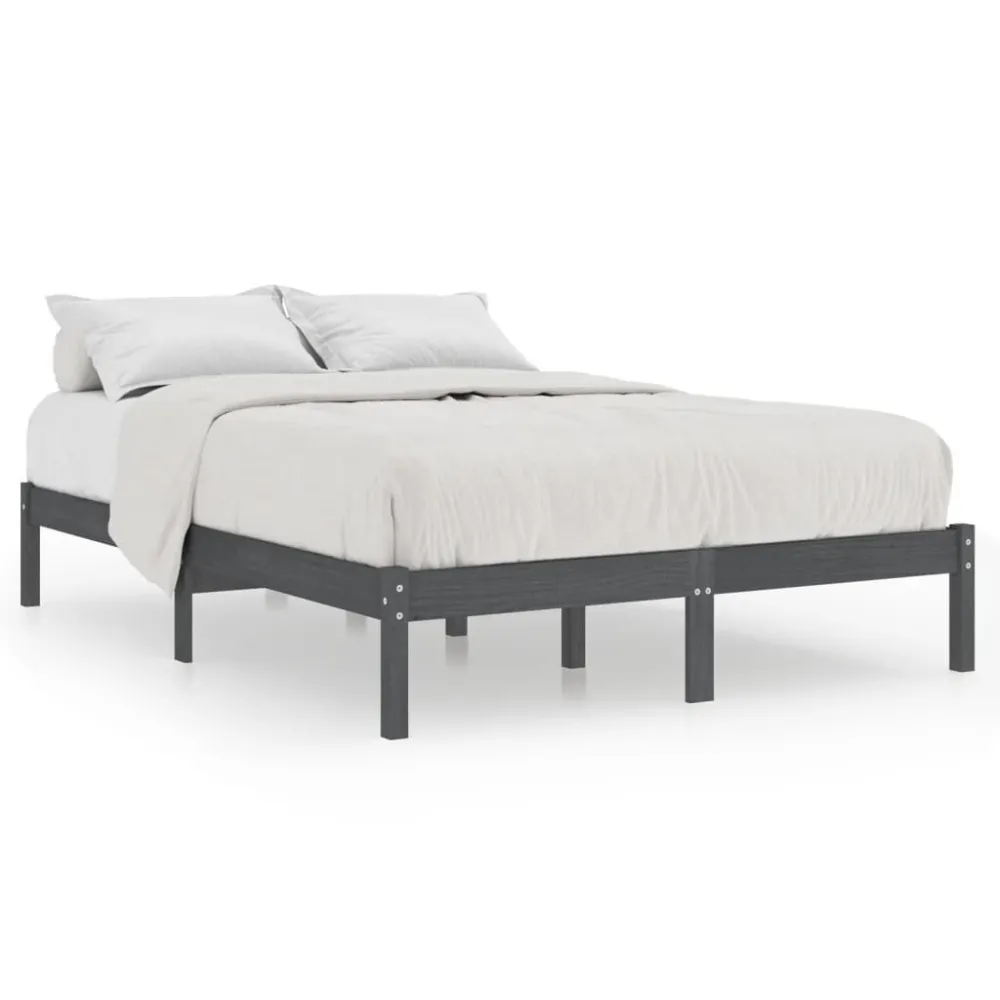 Estrutura de cama casal 135x190 cm madeira maciç cinzento