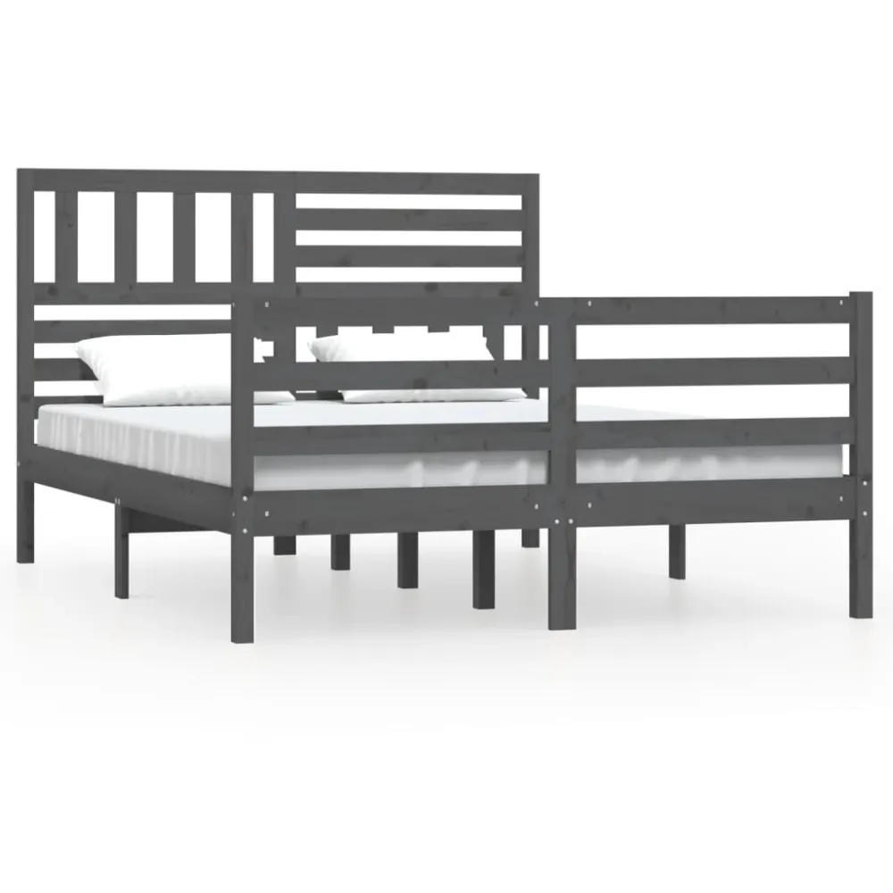 Estrutura de cama casal 135x190 cm madeira maciç cinzento