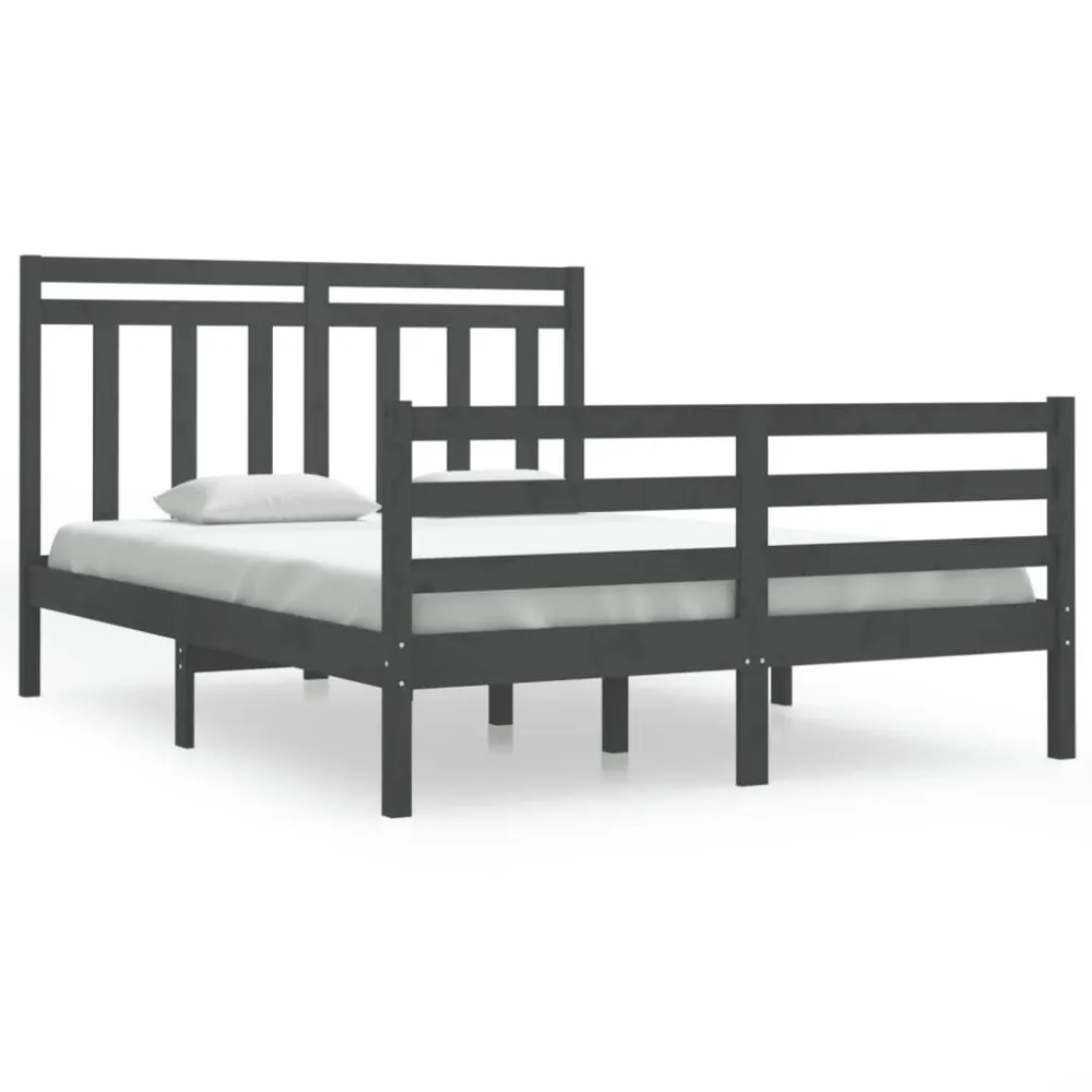 Estrutura de cama casal 135x190 cm madeira maciç cinzento