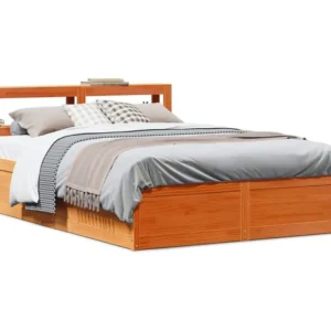 Estrutura cama com cabeceira 140x190cm pinho maciço castanho-mel