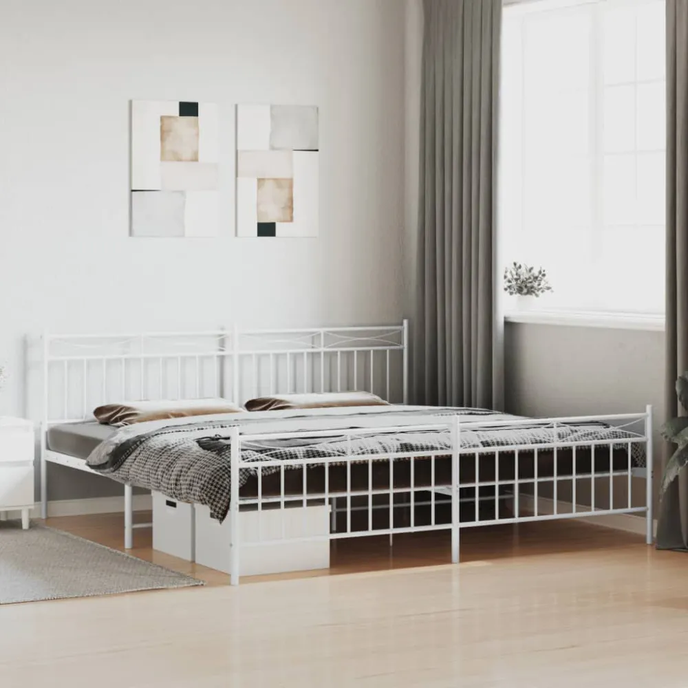 Estrutura de cama com cabeceira e pés 200x200 cm metálico branco