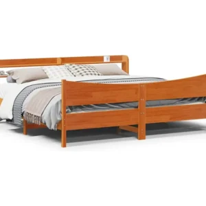 Estrutura cama com cabeceira 200x200cm pinho maciço castanho-mel