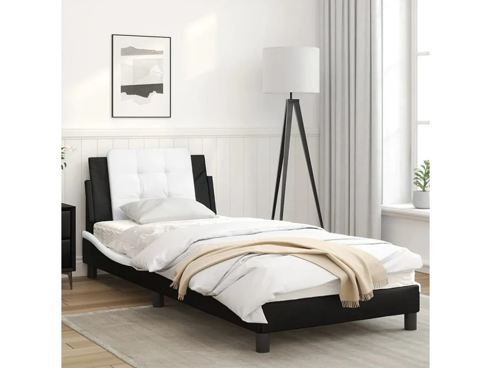 Estrutura cama com cabeceira couro artificial preto e branco