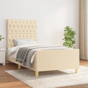 Estrutura de cama com cabeceira tecido cor creme 90x190 cm