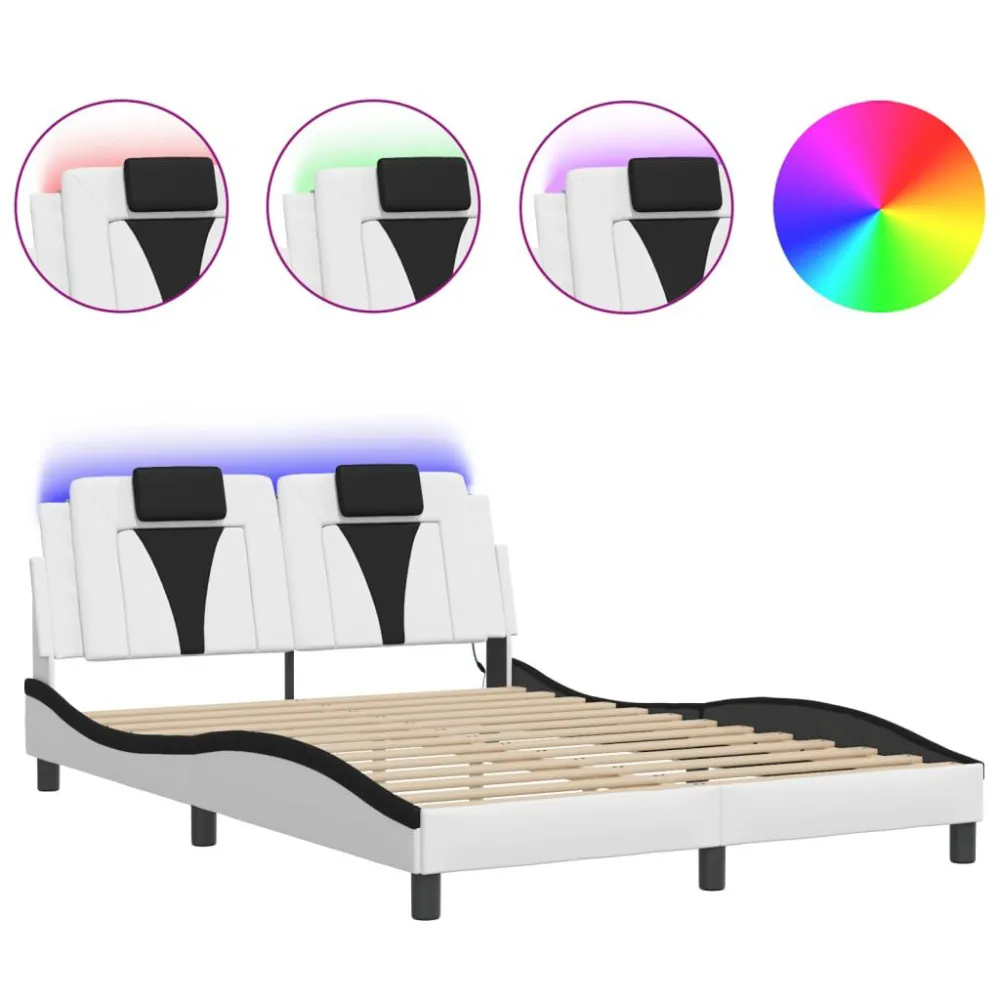 Estrutura cama com luzes LED 140x190cm couro artif. branco/preto
