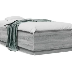 Estrutura cama com luzes LED derivados madeira cinzento sonoma