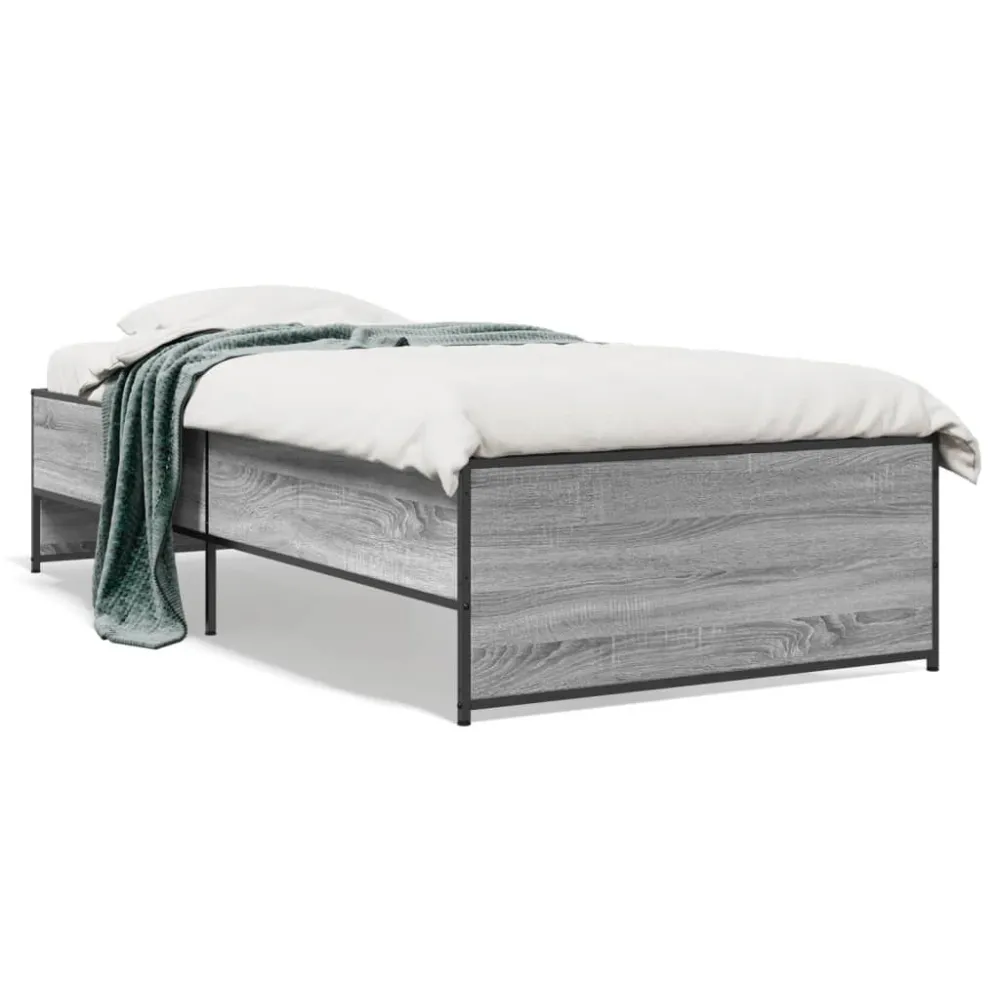 Estrutura de cama derivados de madeira e metálico cinzento sonoma
