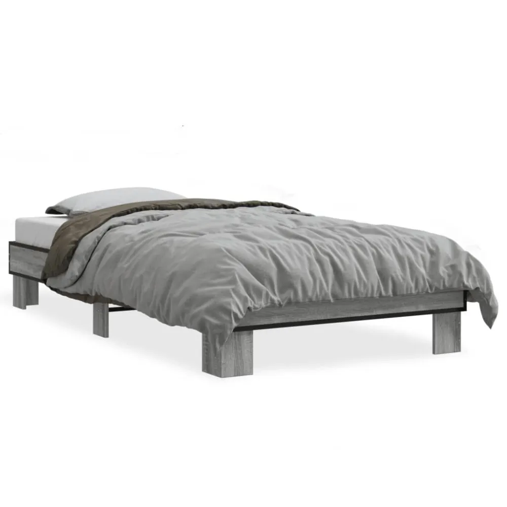 Estrutura de cama derivados de madeira e metálico cinzento sonoma