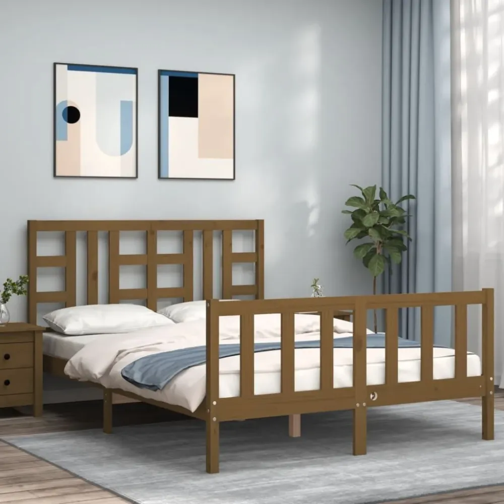 Estrutura de cama King Size com cabeceira madeira castanho-mel