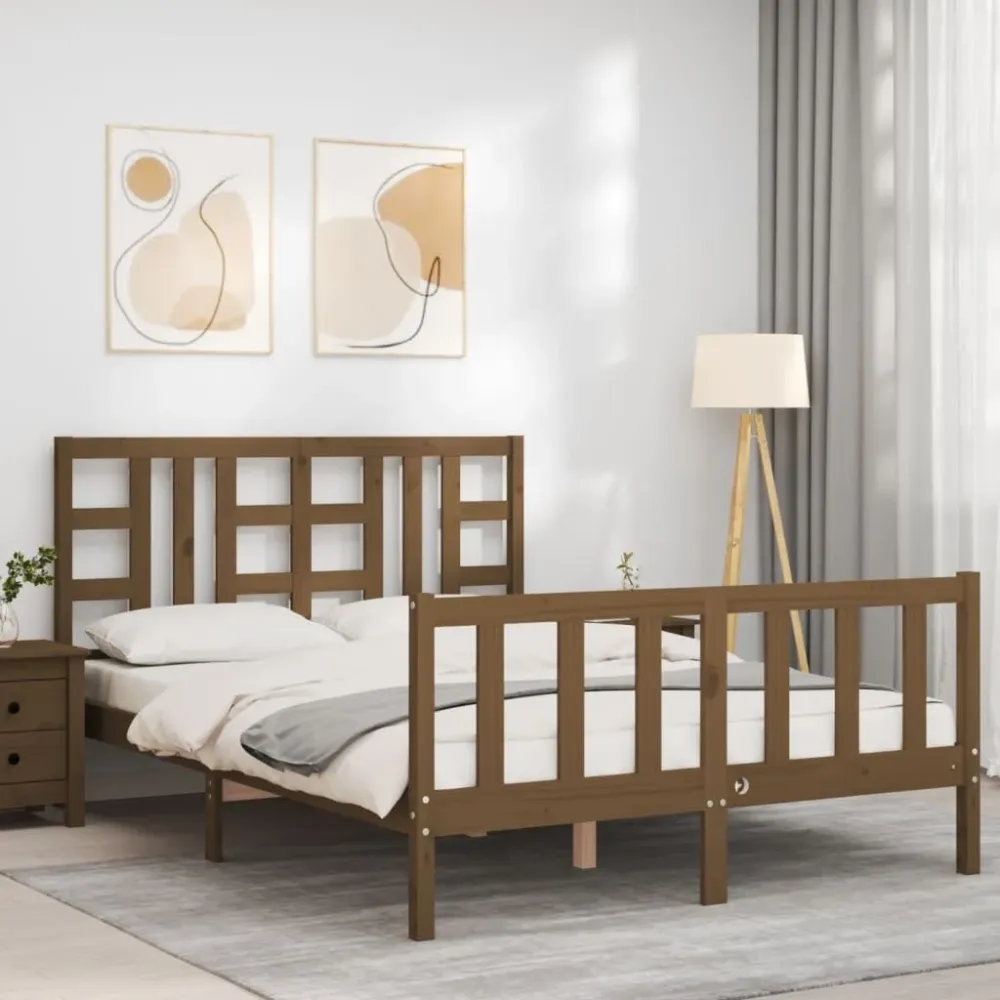 Estrutura de cama King Size com cabeceira madeira castanho-mel