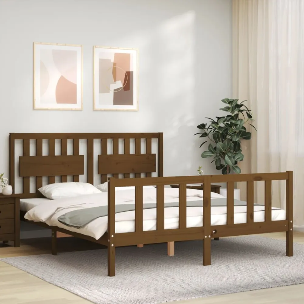 Estrutura de cama King Size com cabeceira madeira castanho-mel