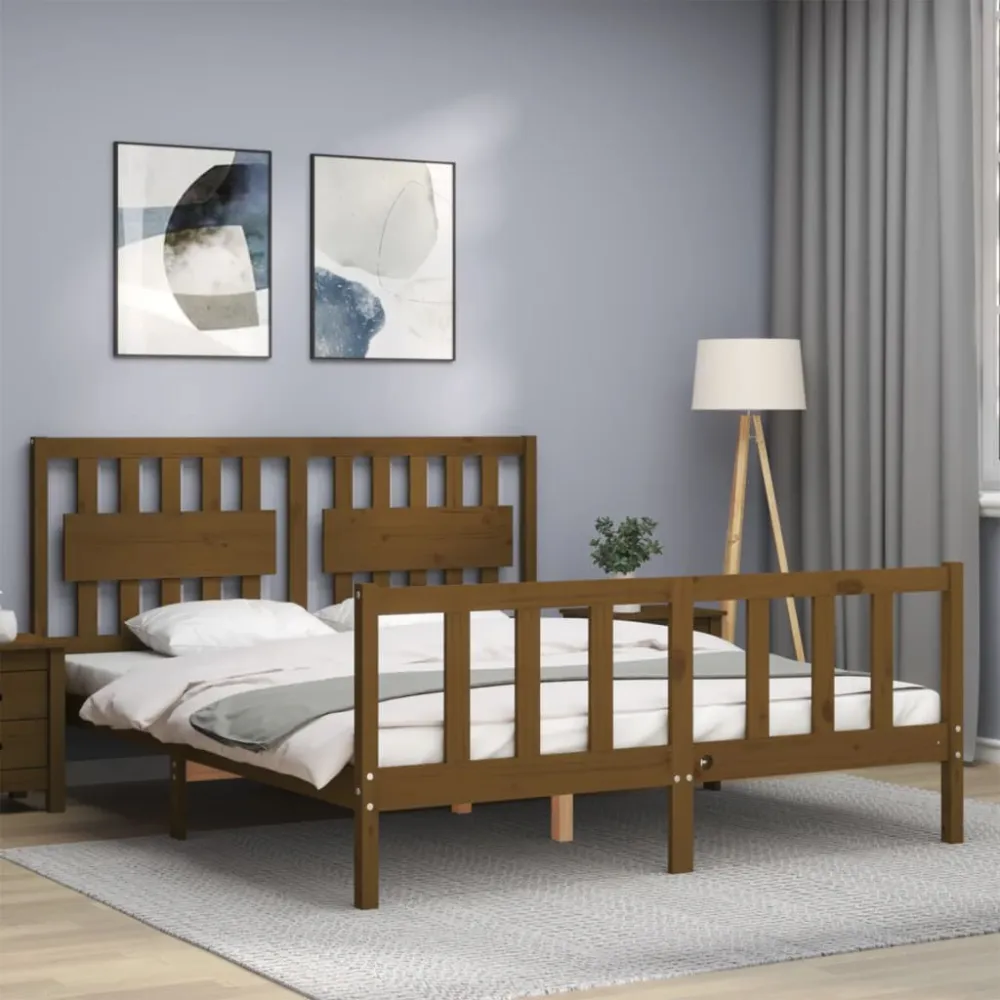 Estrutura de cama King Size com cabeceira madeira castanho-mel