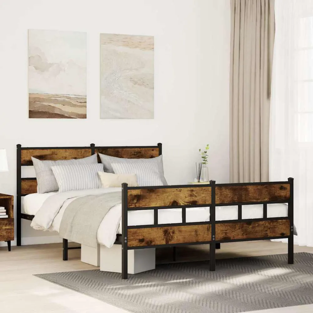 Estrutura de cama sem colchão 140x190 cm metálico carvalho fumado