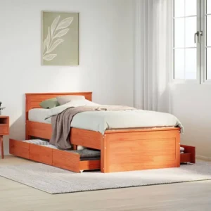 Estrutura cama sem colchão e com cabeceira pinho castanho mel