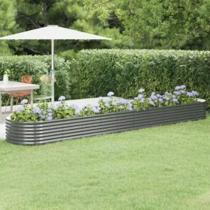 Canteiro elevado jardim 440x80x36cm ço revestido pó cinzento com Prateleira de Cultivo Integrada