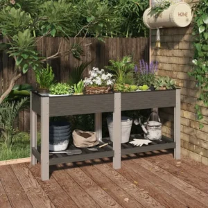 Canteiro elevado jardim com prateleira 150x50x75 cm WPC cinzento Diâmetro de 30 cm