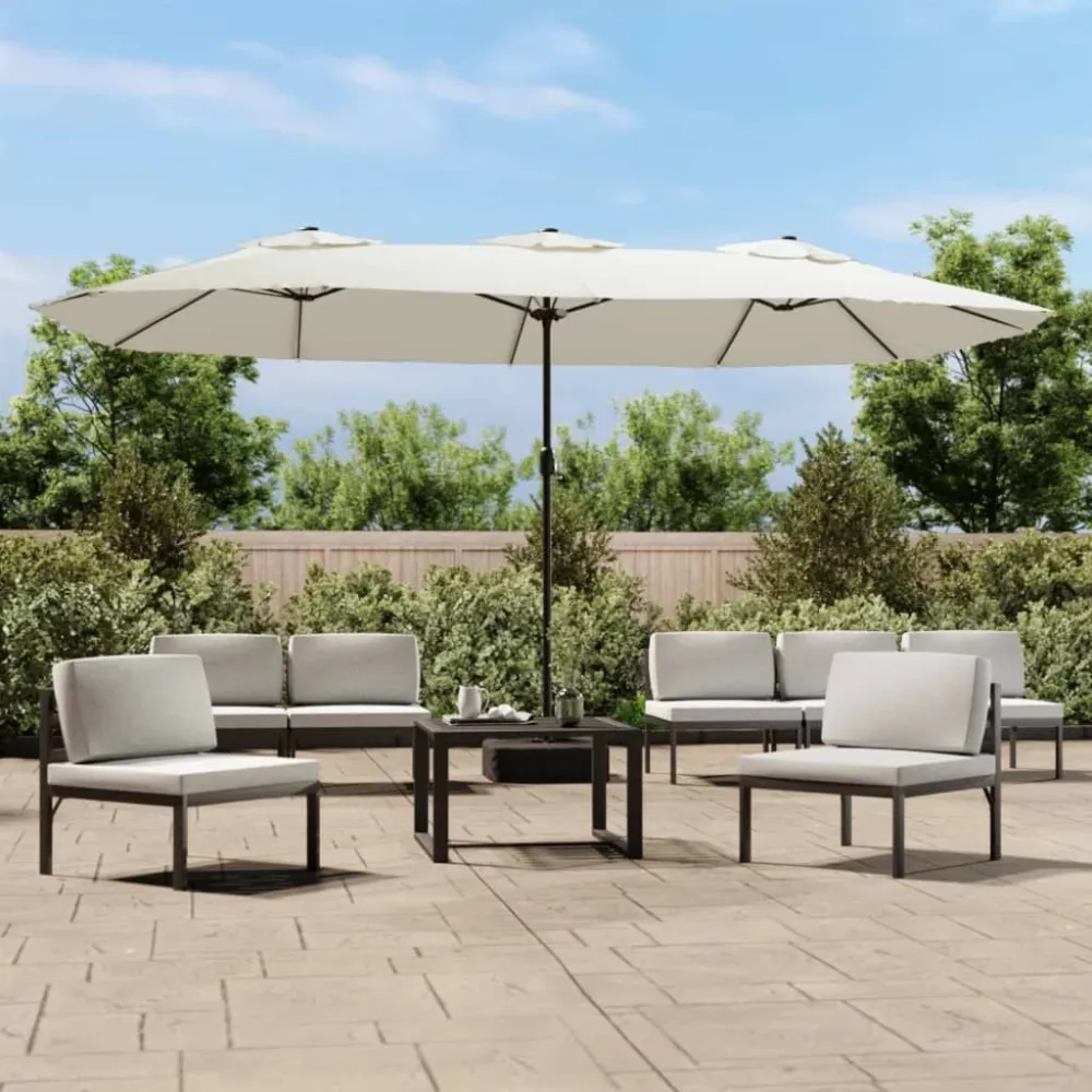 Figura Ornamental Resistente Guarda-sol de jardim com cabeç dupla/LED 449x245cm branco areia