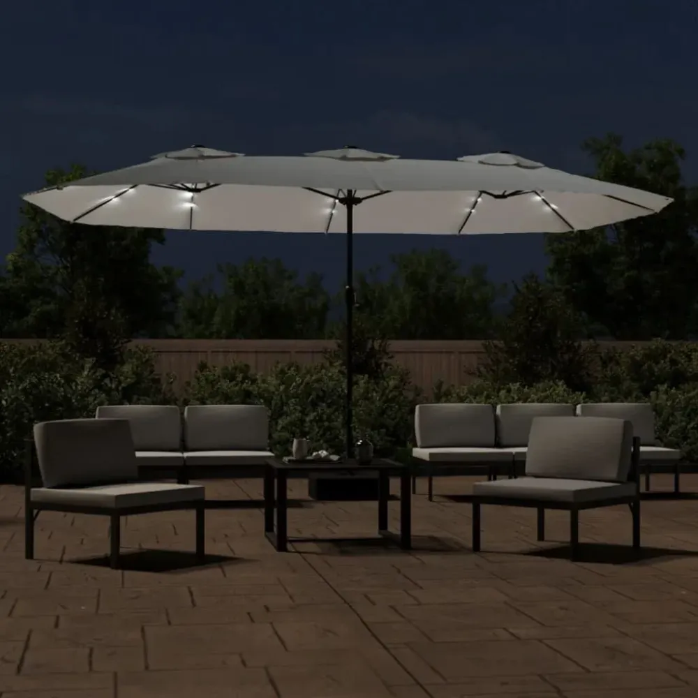 Figura Ornamental Resistente Guarda-sol de jardim com cabeç dupla/LED 449x245cm branco areia
