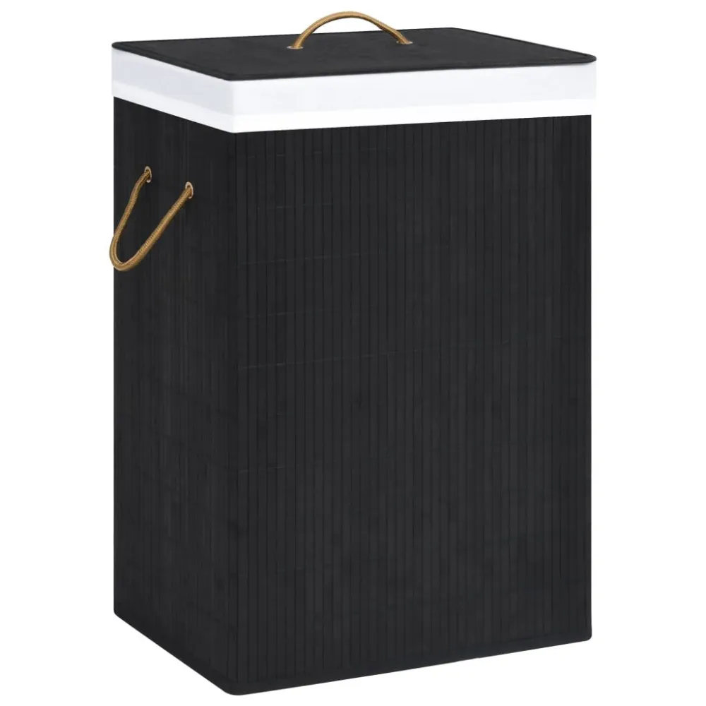 Cesto para roupa suja com 2 secções 72 L bambu preto para Lavanderia Pequena