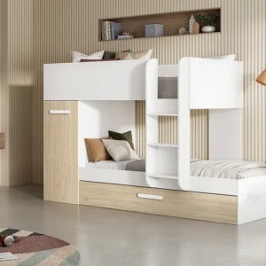 Beliche e armário 3 x 90 x 190 cm branco e orgânico com colchões. ANTHONY