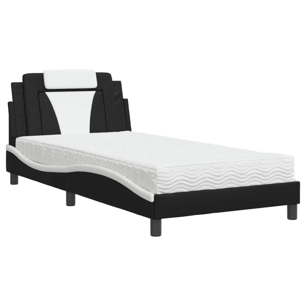 Cama com colchão 100x200 cm couro artificial preto e branco Tamanho Queen Size