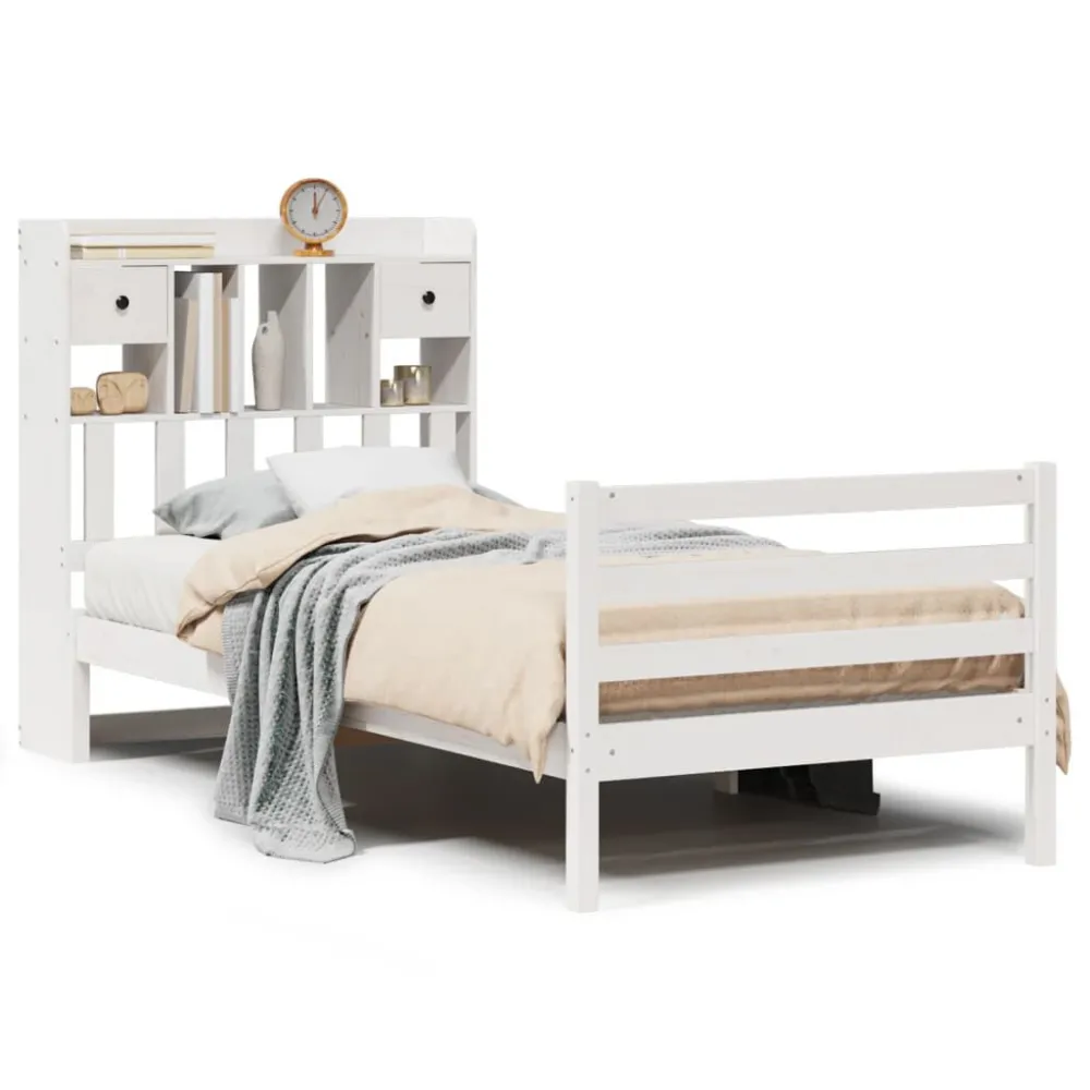Cama com estante sem colchão 75x190 cm pinho maciço branco com Bomba Elétrica Inclusa