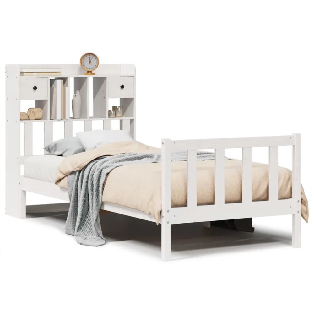 Cama com estante sem colchão 90x200 cm pinho maciço branco Portátil e Dobrável