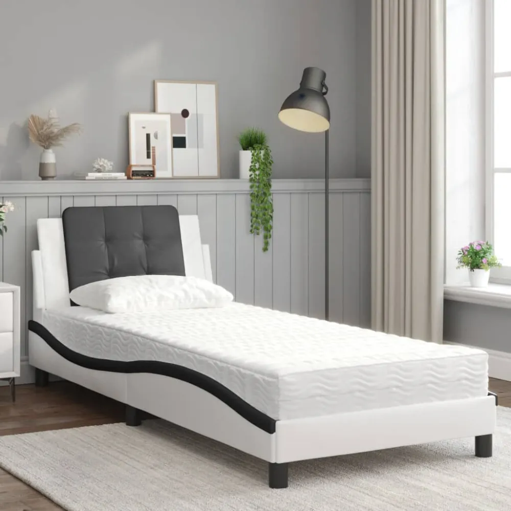 Certificado Anti-Alérgico Cama com colchão 90x190 cm couro artificial preto e branco