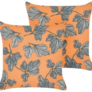 Set 2 Cushions Leaf Motif 45 x 45 cm Laranja and Black SPIREA