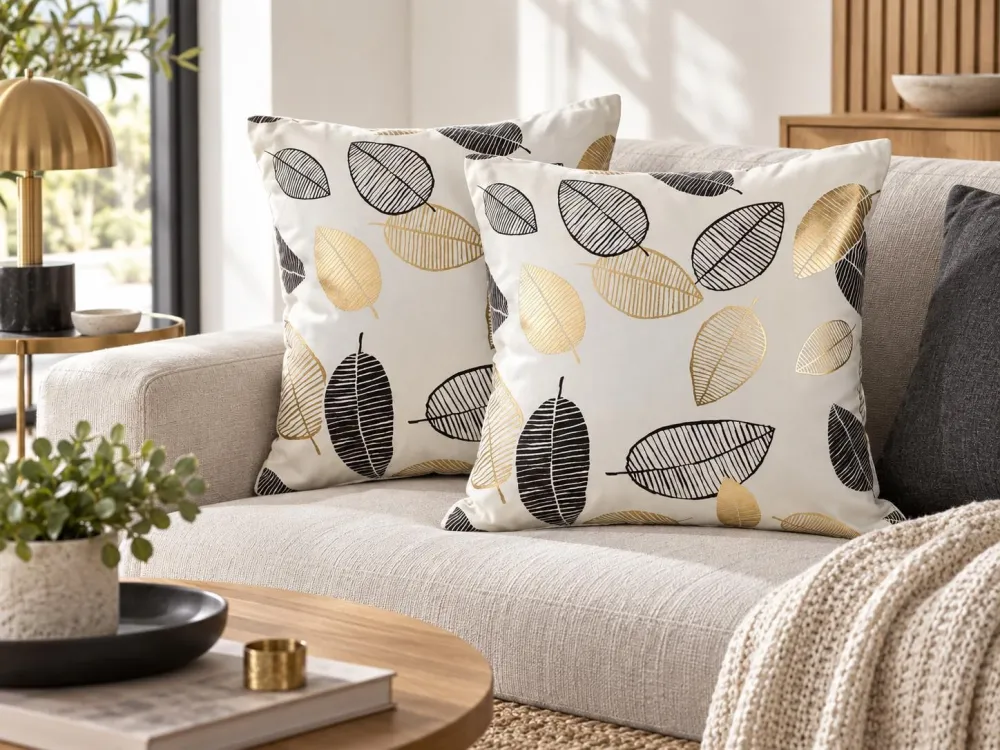 Set 2 Cushions Leaf Pattern 45 x 45 cm Preto and Gold LOTUS