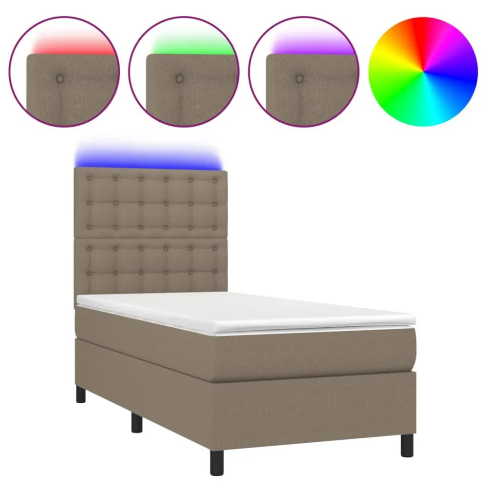 Cama box spring + colchão/LED 90x190cm tecido cinza-acastanhado