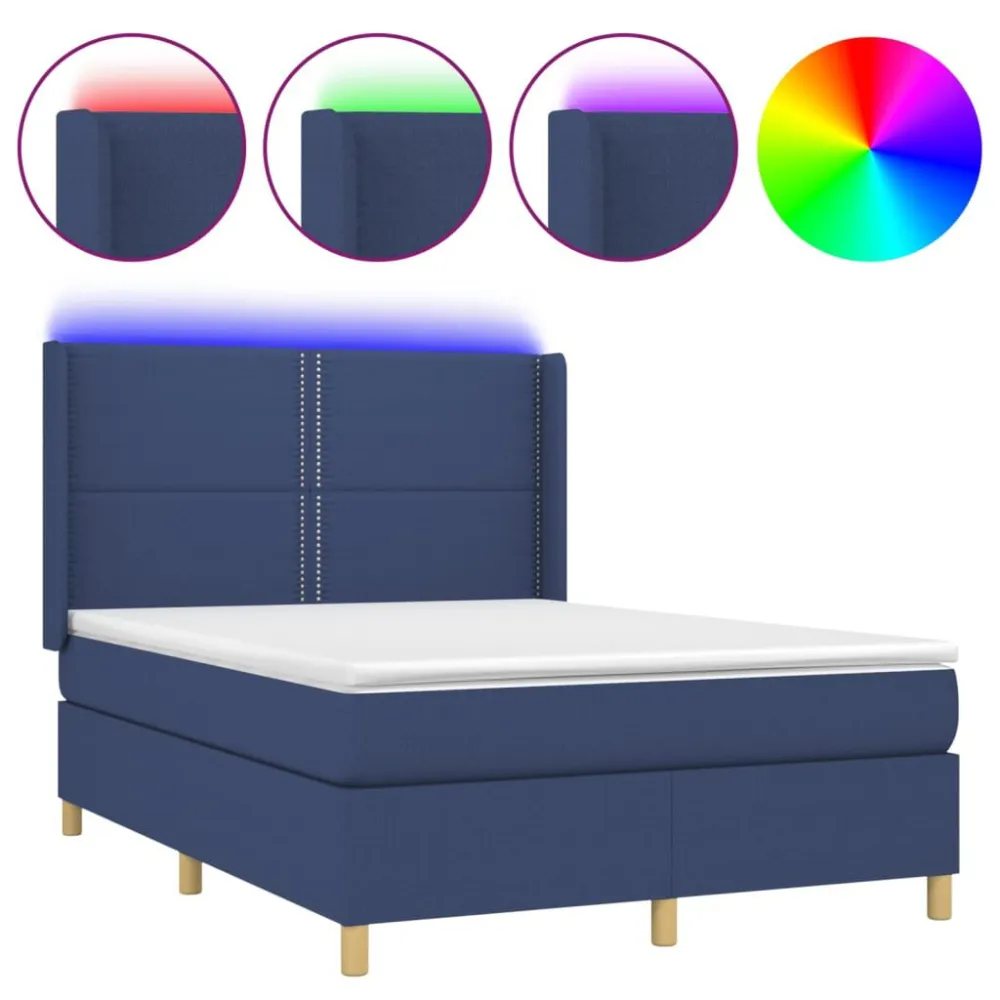 Cama box spring com colchão e LED 140x200 cm tecido azul