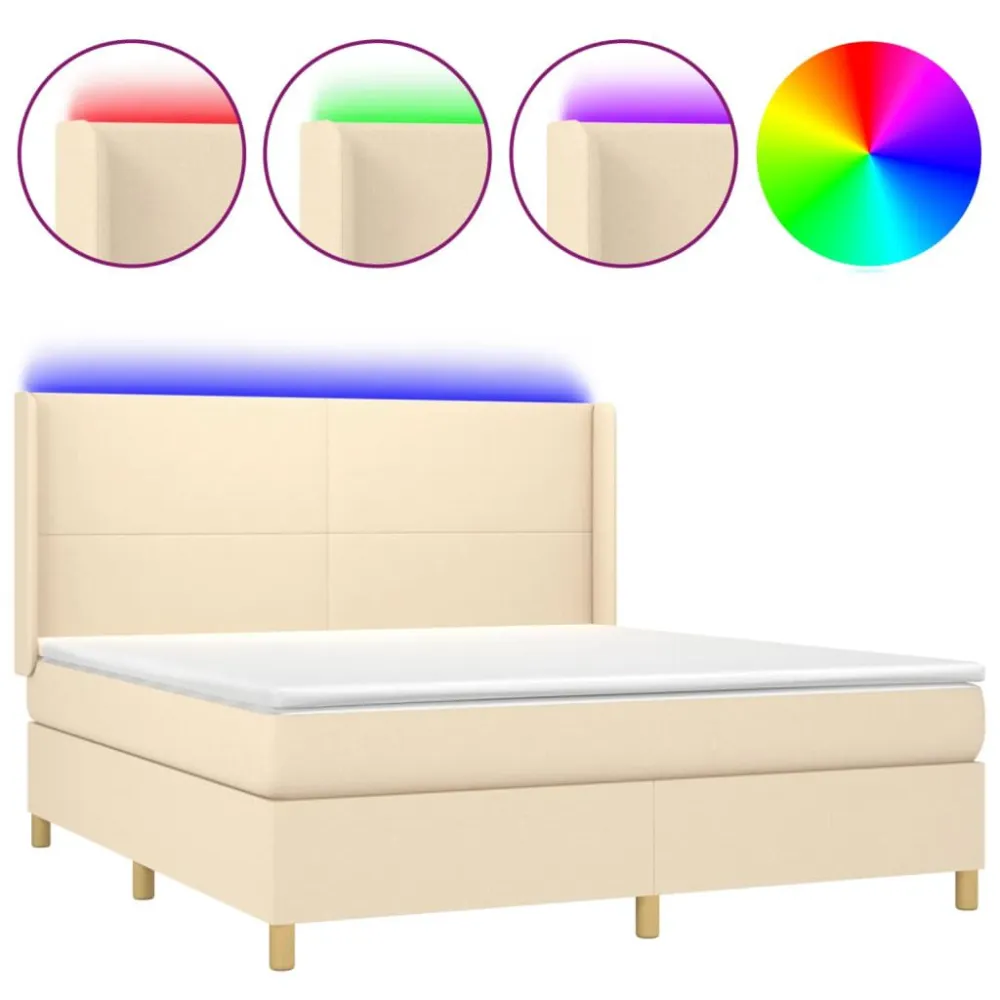 Cama box spring com colchão e LED 180x200 cm tecido cor creme