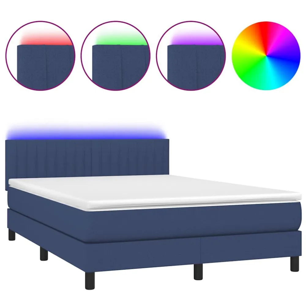Cama box spring com colchão e LED 140x190 cm tecido azul