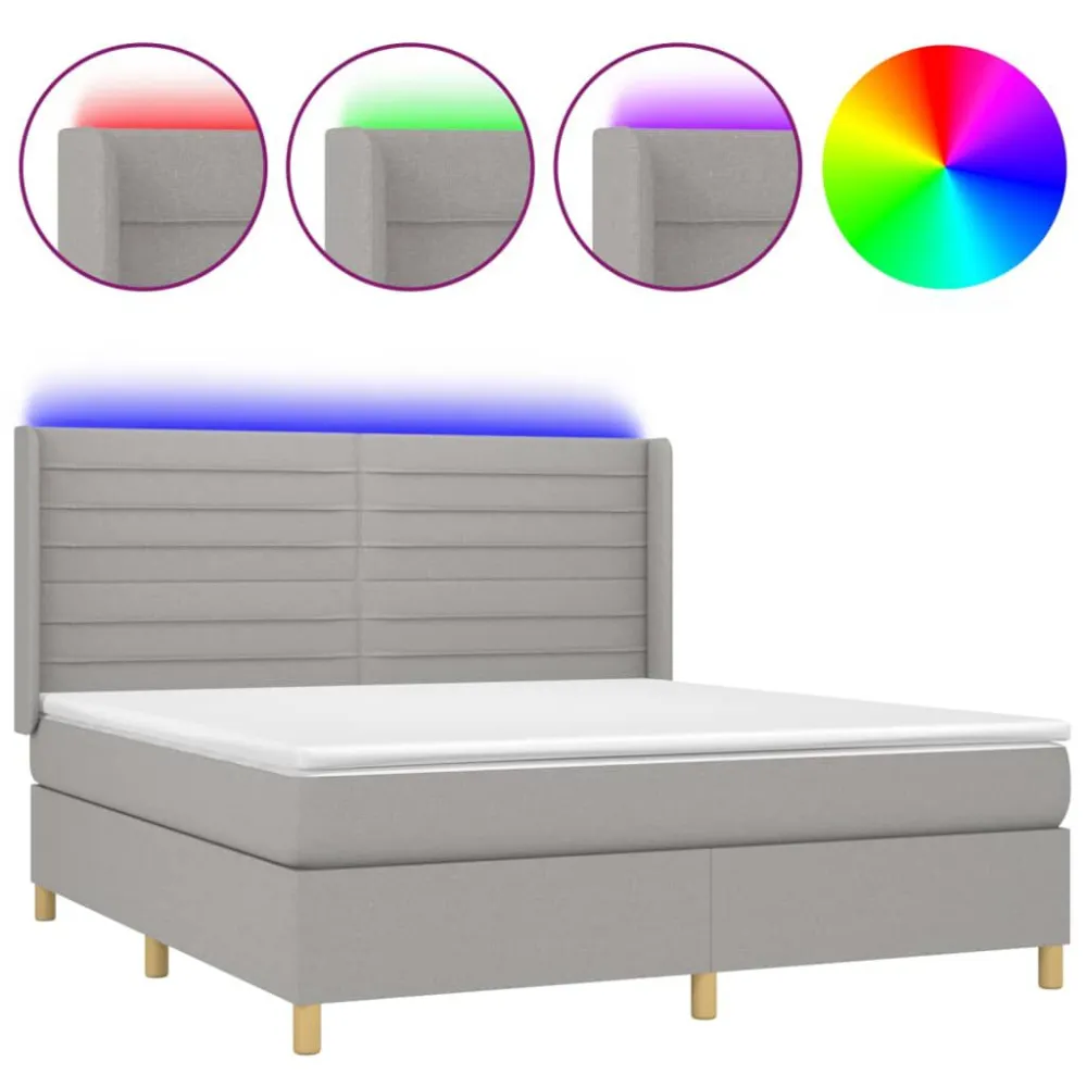 Cama box spring com colchão e LED 160x200 cm tecido cinza-claro