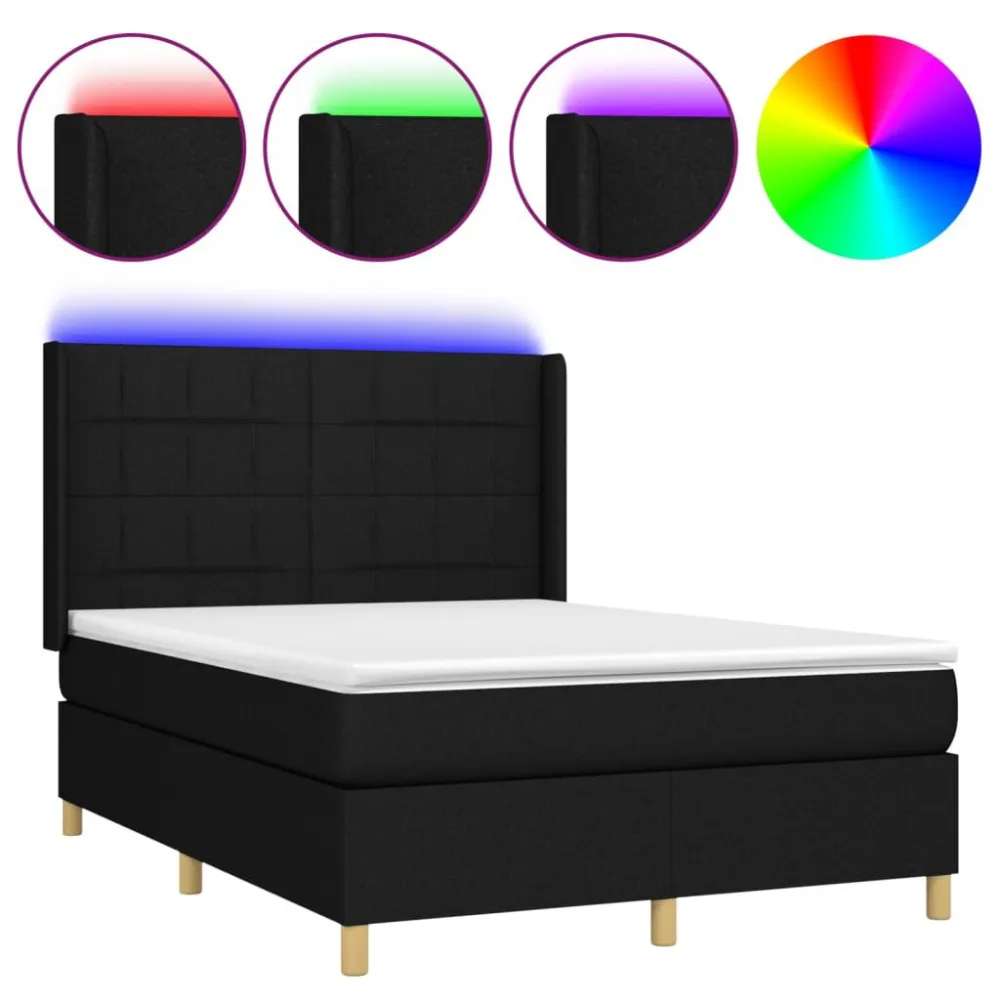 Cama box spring com colchão e LED 140x190 cm tecido preto