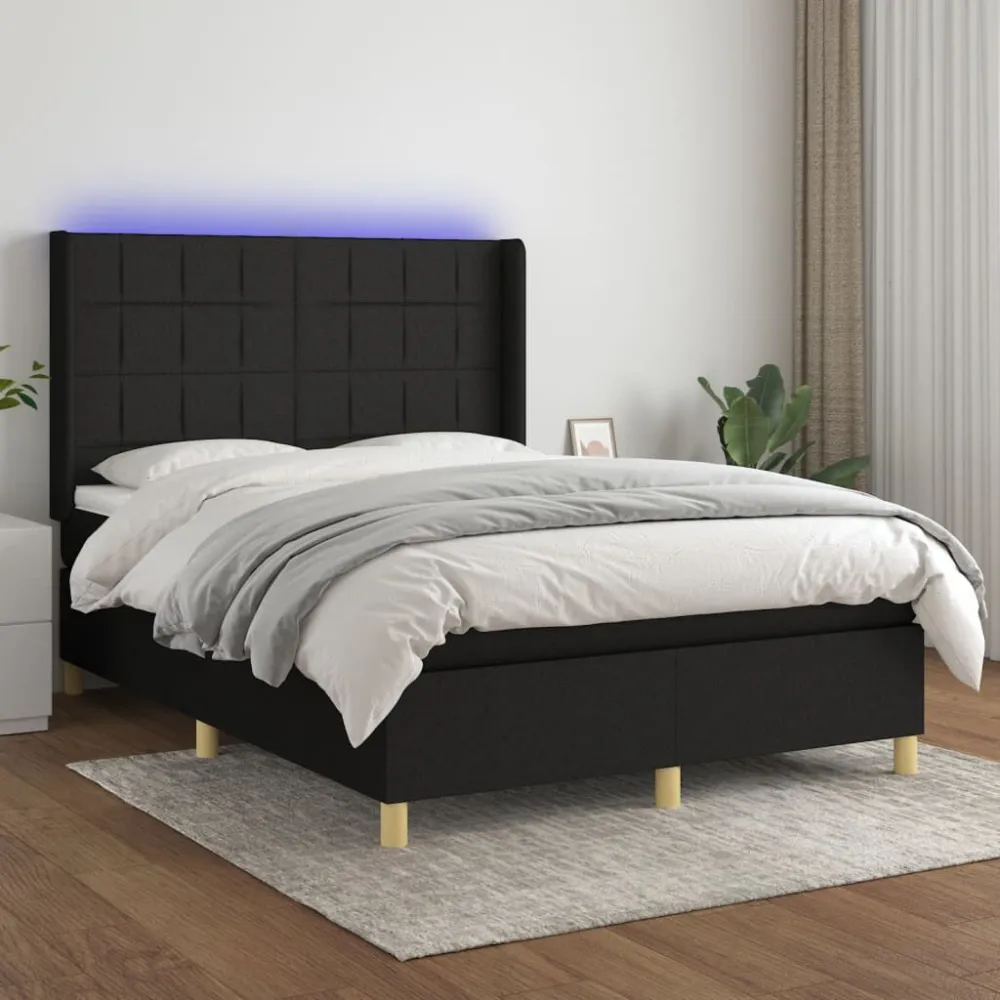 Cama box spring com colchão e LED 140x190 cm tecido preto