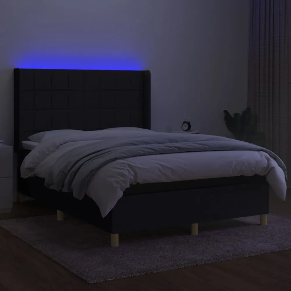 Cama box spring com colchão e LED 140x190 cm tecido preto
