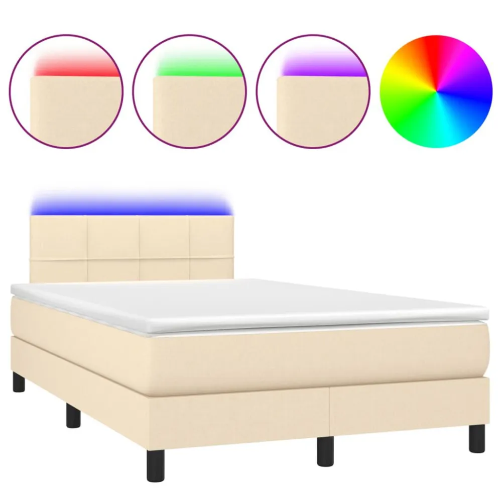 Cama box spring com colchão e LED 120x190 cm tecido cor creme